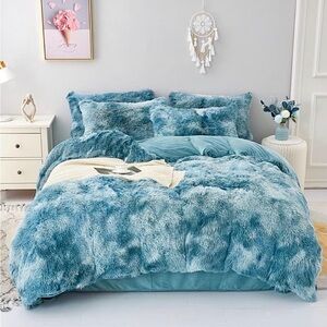 Blue Contrast Faux Fur Duvet Cover Full Size Comforter Bedding Plush Blanket